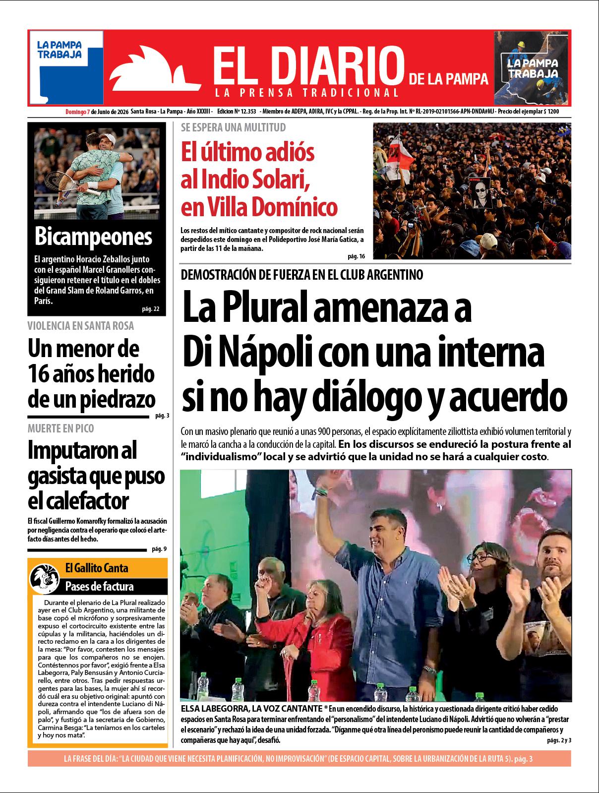 Tapa de El Diario en papel  domingo 07 de junio de 2026